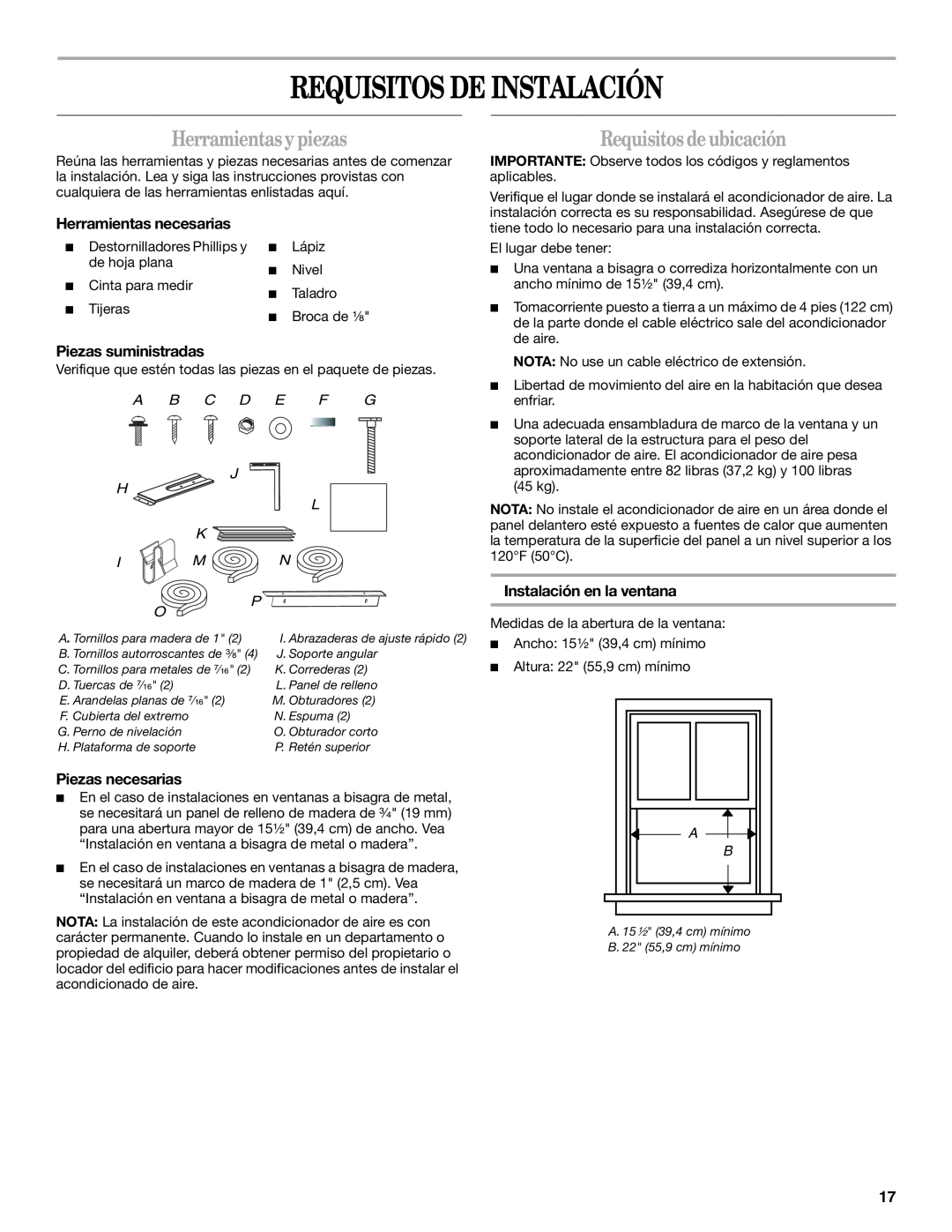 Whirlpool ACS088PR0 manual Requisitos De Instalación, Herramientasypiezas, Requisitos deubicación, Herramientas necesarias 
