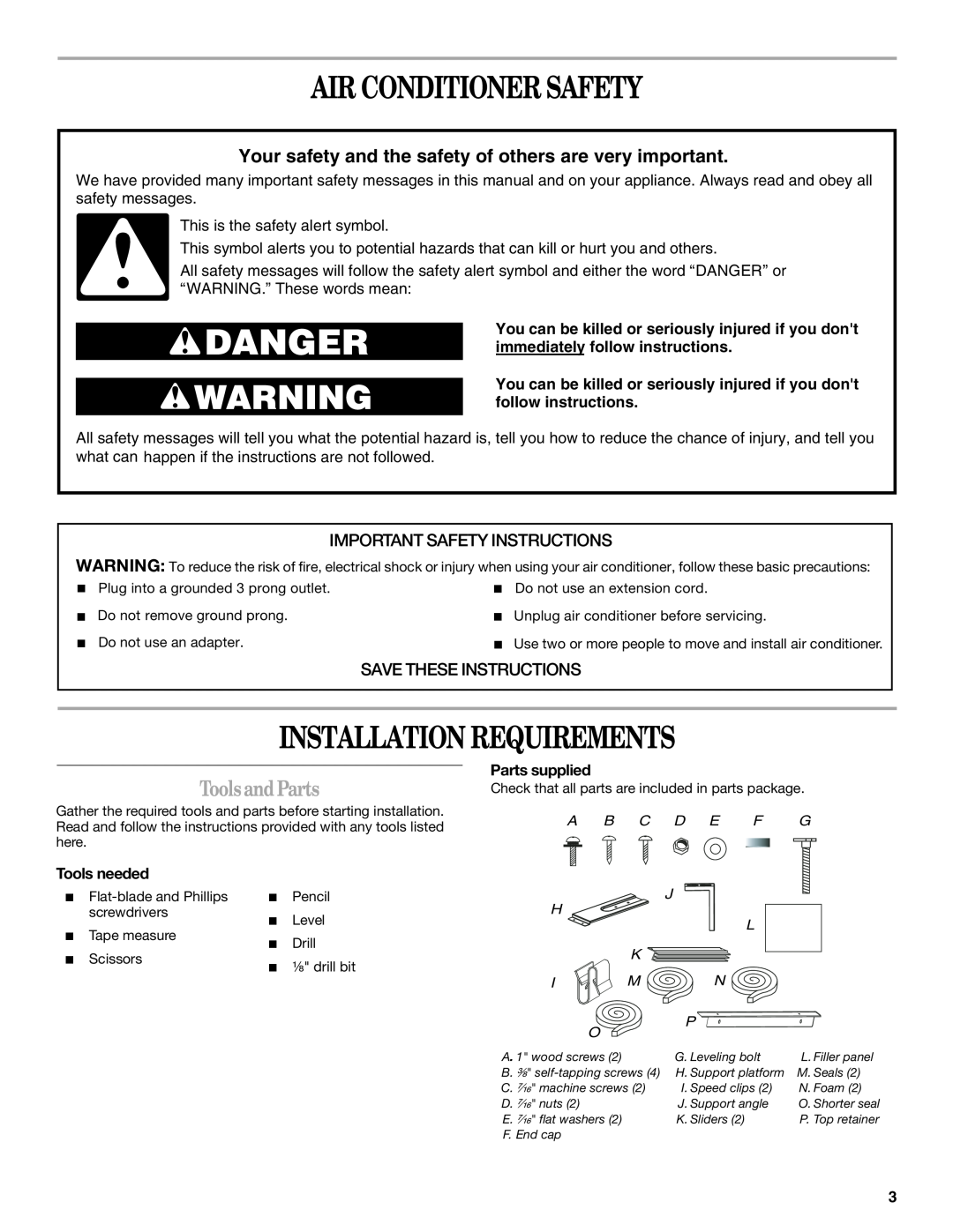 Whirlpool ACS088PR0 manual Air Conditioner Safety, Installation Requirements, ToolsandParts, Important Safety Instructions 