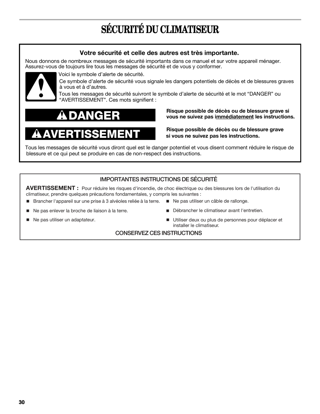 Whirlpool ACS088PR0 Sécurité Du Climatiseur, Importantes Instructions De Sécurité, Conservez Ces Instructions, Danger 