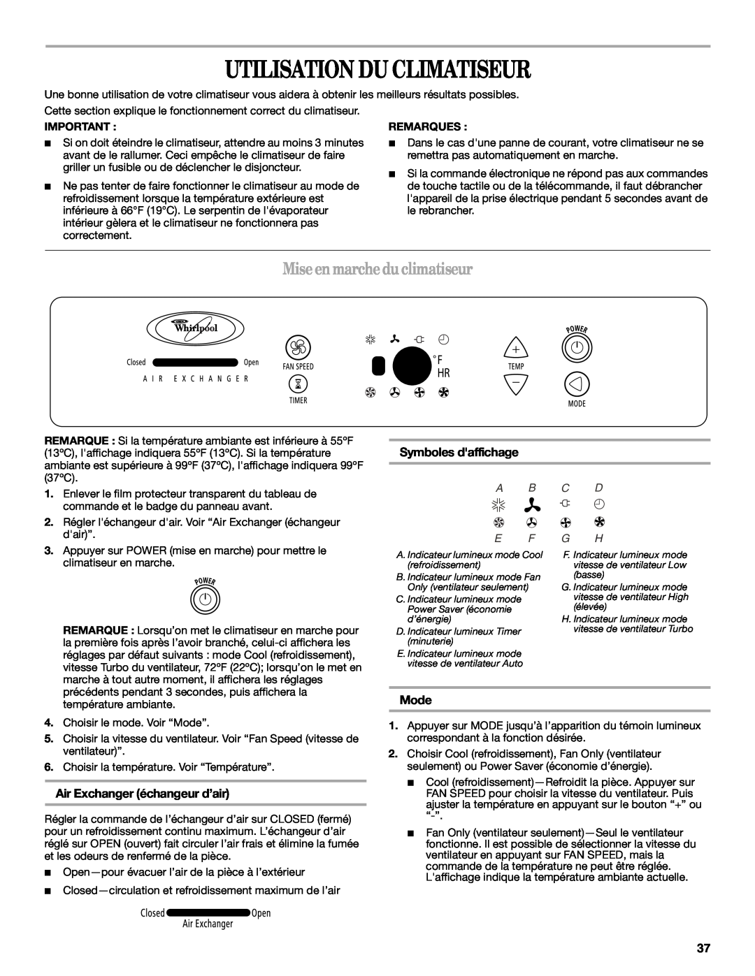Whirlpool ACS088PR0 Utilisation Du Climatiseur, Miseenmarchedu climatiseur, Symboles daffichage, Mode, A B C D E F G H 
