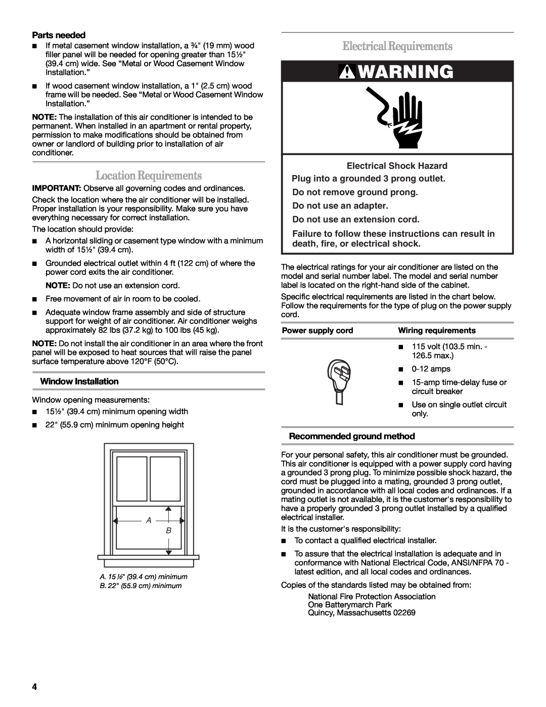 Whirlpool ACS088PR0 manual LocationRequirements, Electrical Requirements, Parts needed, Window Installation 