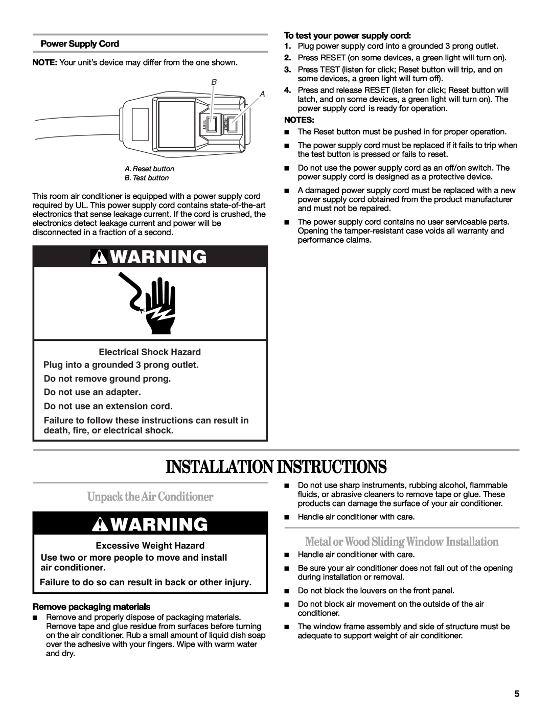 Whirlpool ACS088PR0 manual Installation Instructions, UnpacktheAir Conditioner, MetalorWoodSlidingWindow Installation 