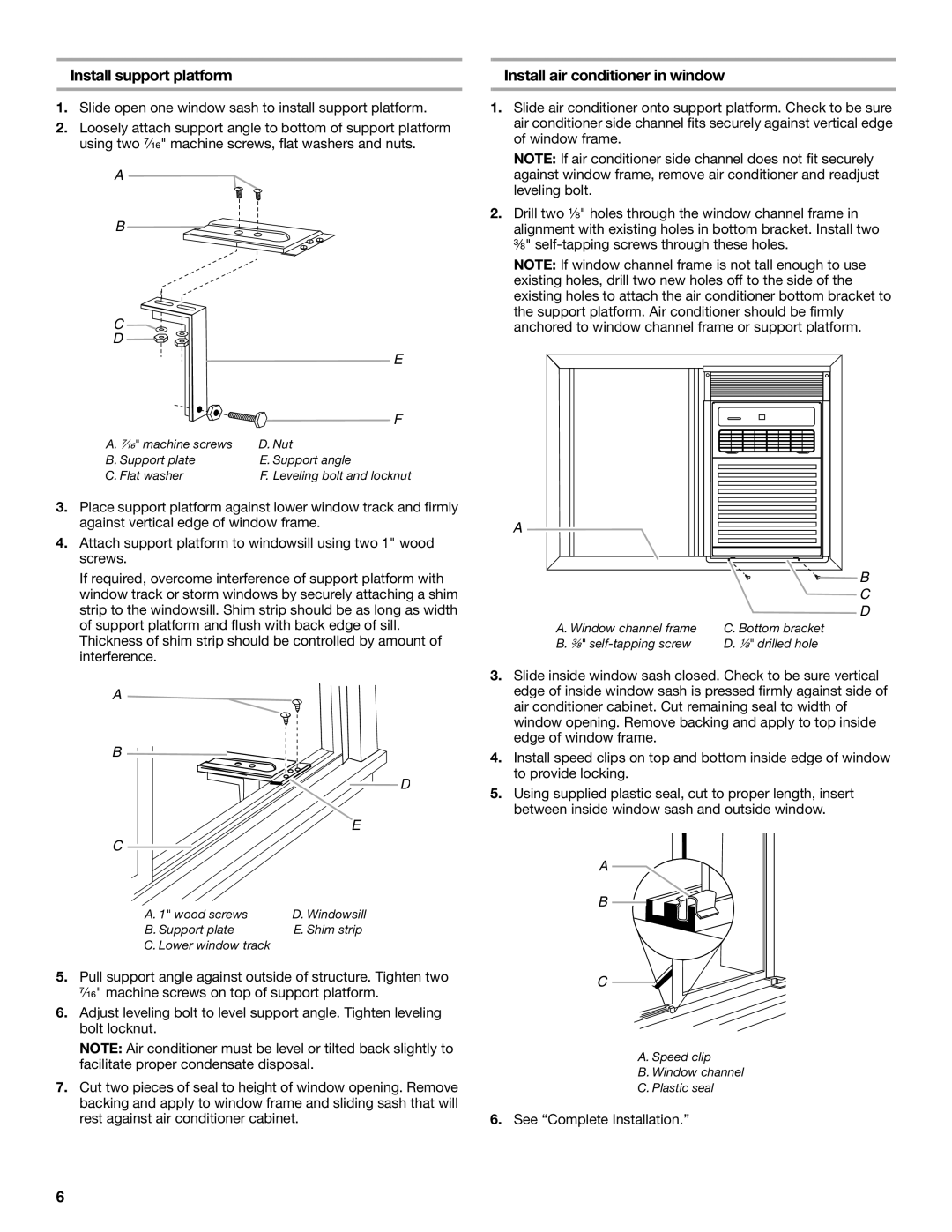 Whirlpool ACS088PR0 manual Install support platform, Install air conditioner in window, A B C D, A B D 