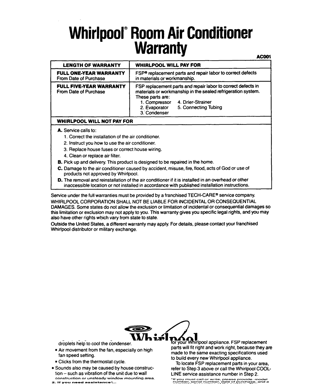 Whirlpool ACS602XT, ACSL02XT, ACS802XV, ACC602XT manual WhirlpoolRoomAir Conditioner Warranty 