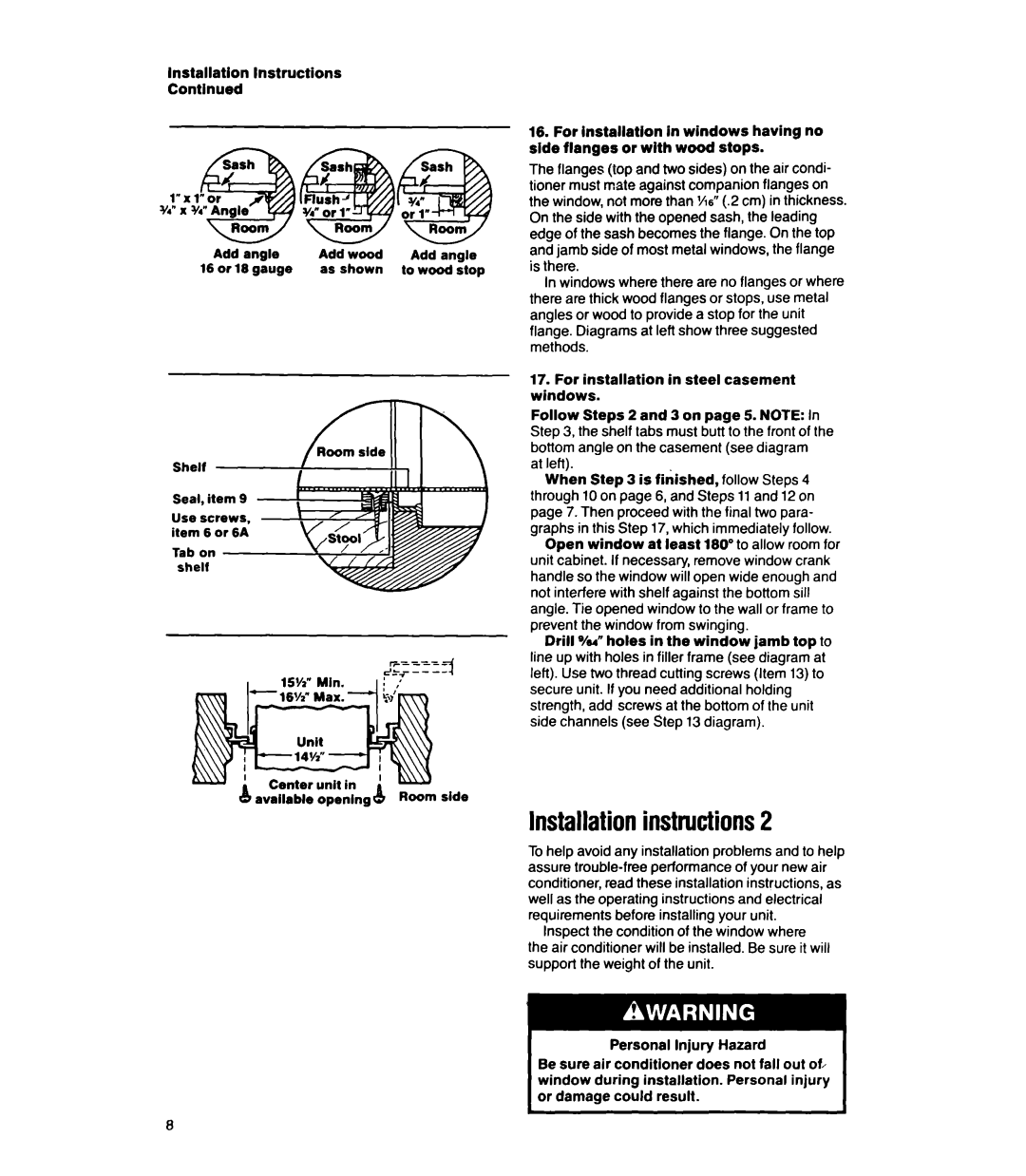 Whirlpool ACS602XT, ACSL02XT, ACS802XV, ACC602XT manual Installationinstructions2, 16 or, At leff, Or damage could result 