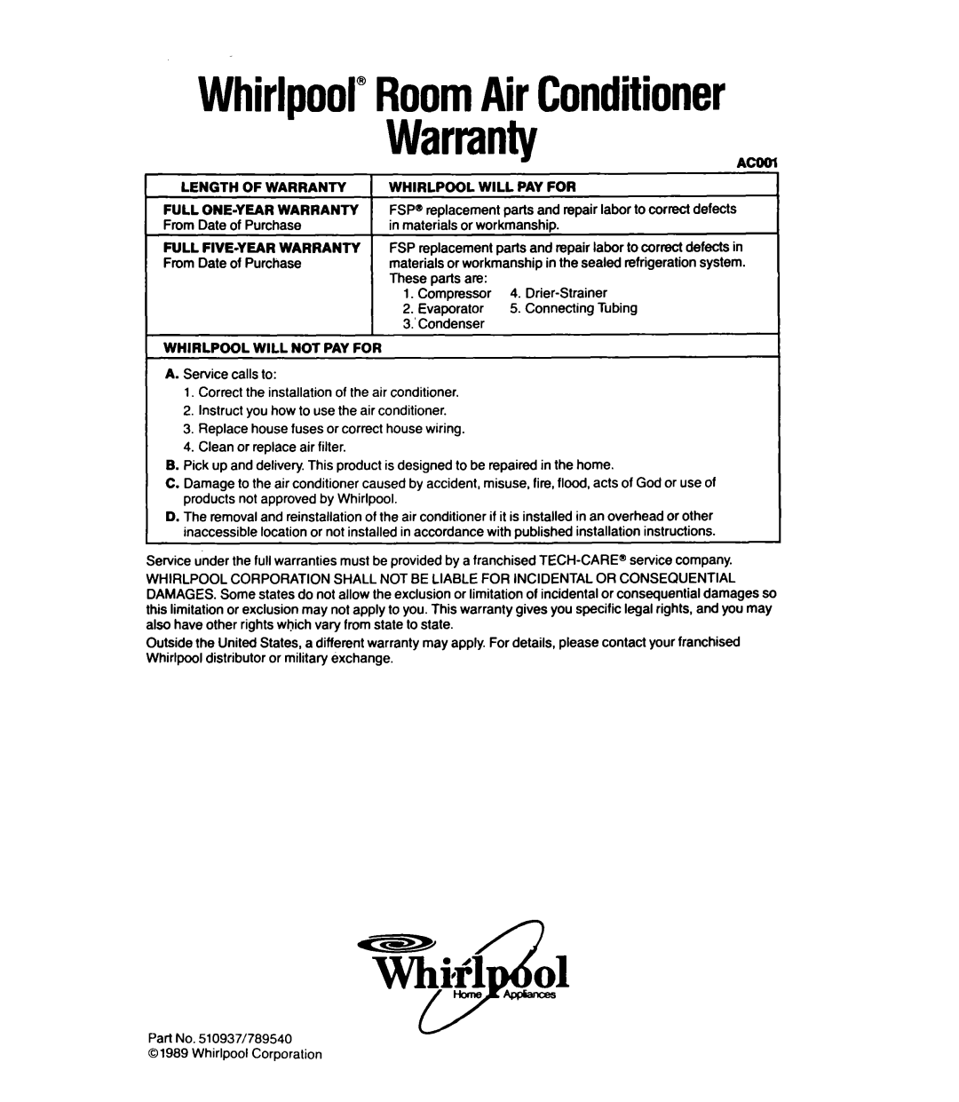 Whirlpool ACS602XT, ACSL02XT, ACS802XV, ACC602XT manual Whirlpool”RoomAir Conditioner Warranty 
