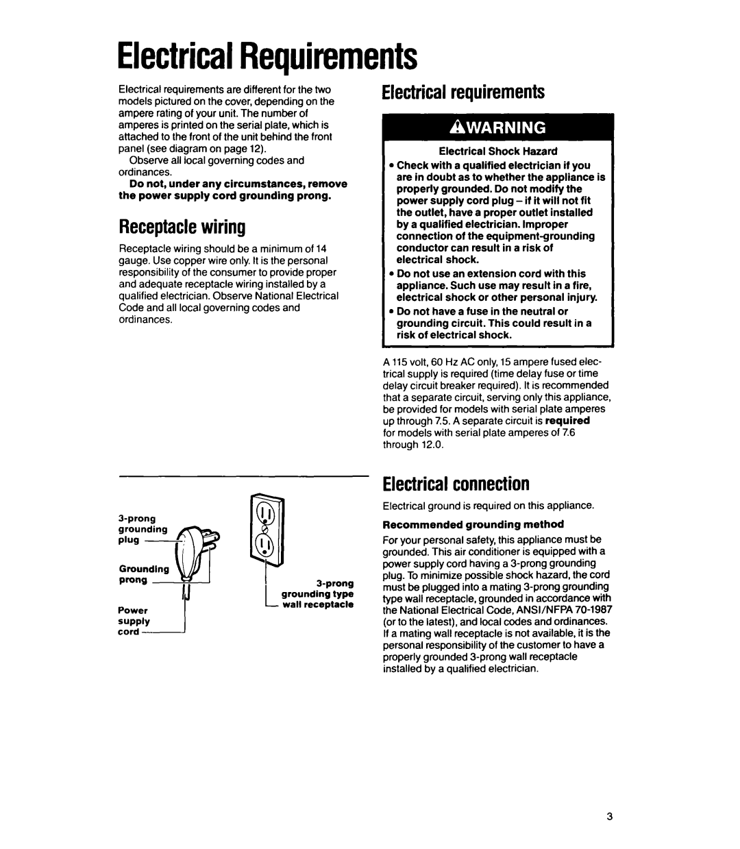 Whirlpool ACC602XT, ACS602XT manual ElectricalRequirements, Receptaclewiring, Electricalrequirements, Electricalconnection 