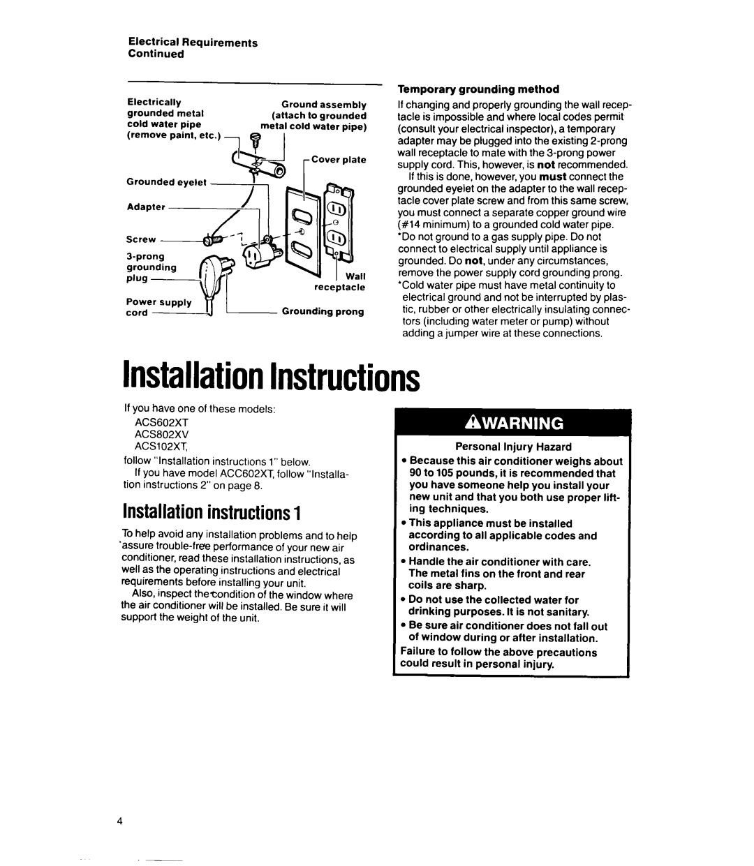 Whirlpool ACS602XT, ACSL02XT, ACS802XV, ACC602XT manual InstallationInstructions, Installationinstructions1 