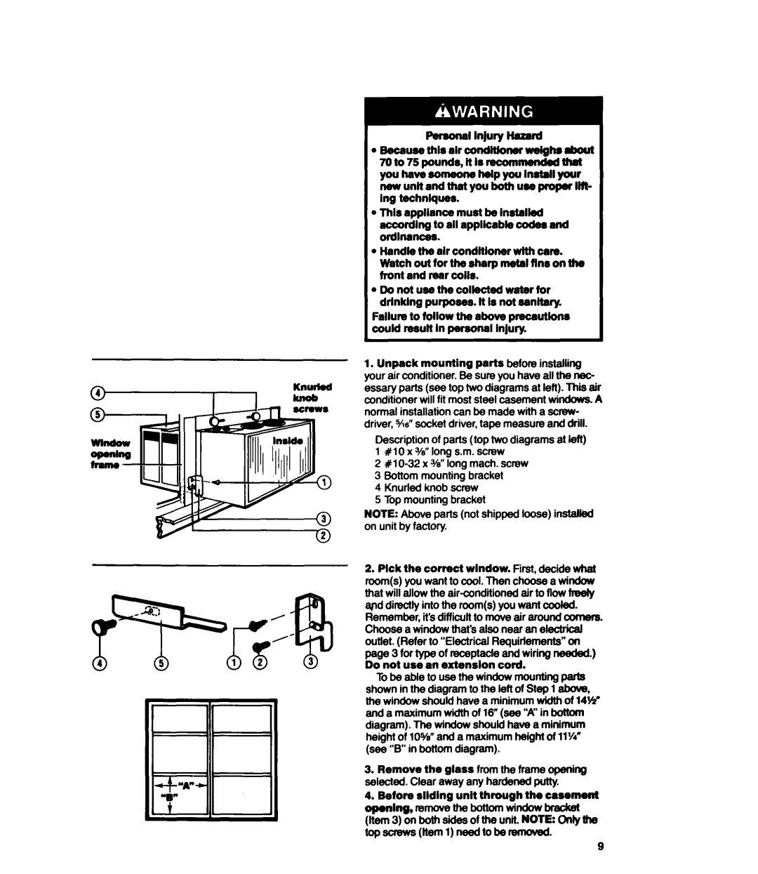 Whirlpool ACSLOP, ACS802, ACS602, ACC602 Unpack mounting parts before installing, Knurled knob screw Top mounting bracket 