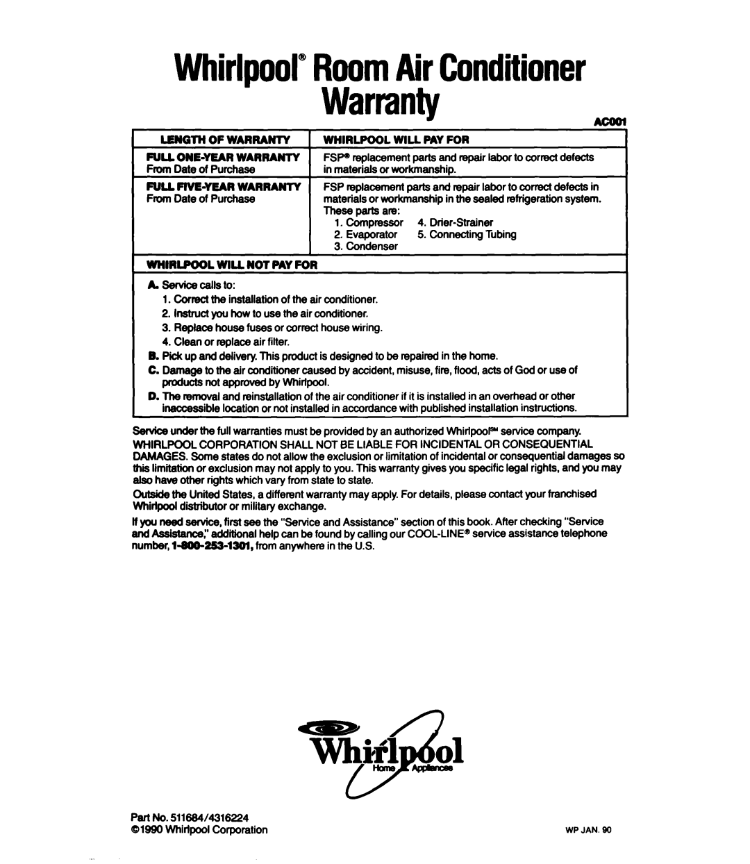 Whirlpool ACS802, ACSLOP, ACS602, ACC602 manual Whirlpool”RoomAir Conditioner Warranty 