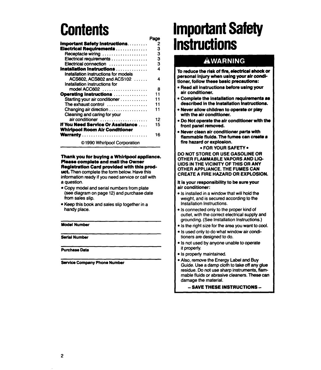 Whirlpool ACS602, ACS802, ACSLOP, ACC602 manual Contents, nstrudions, P&NmportantSafety 