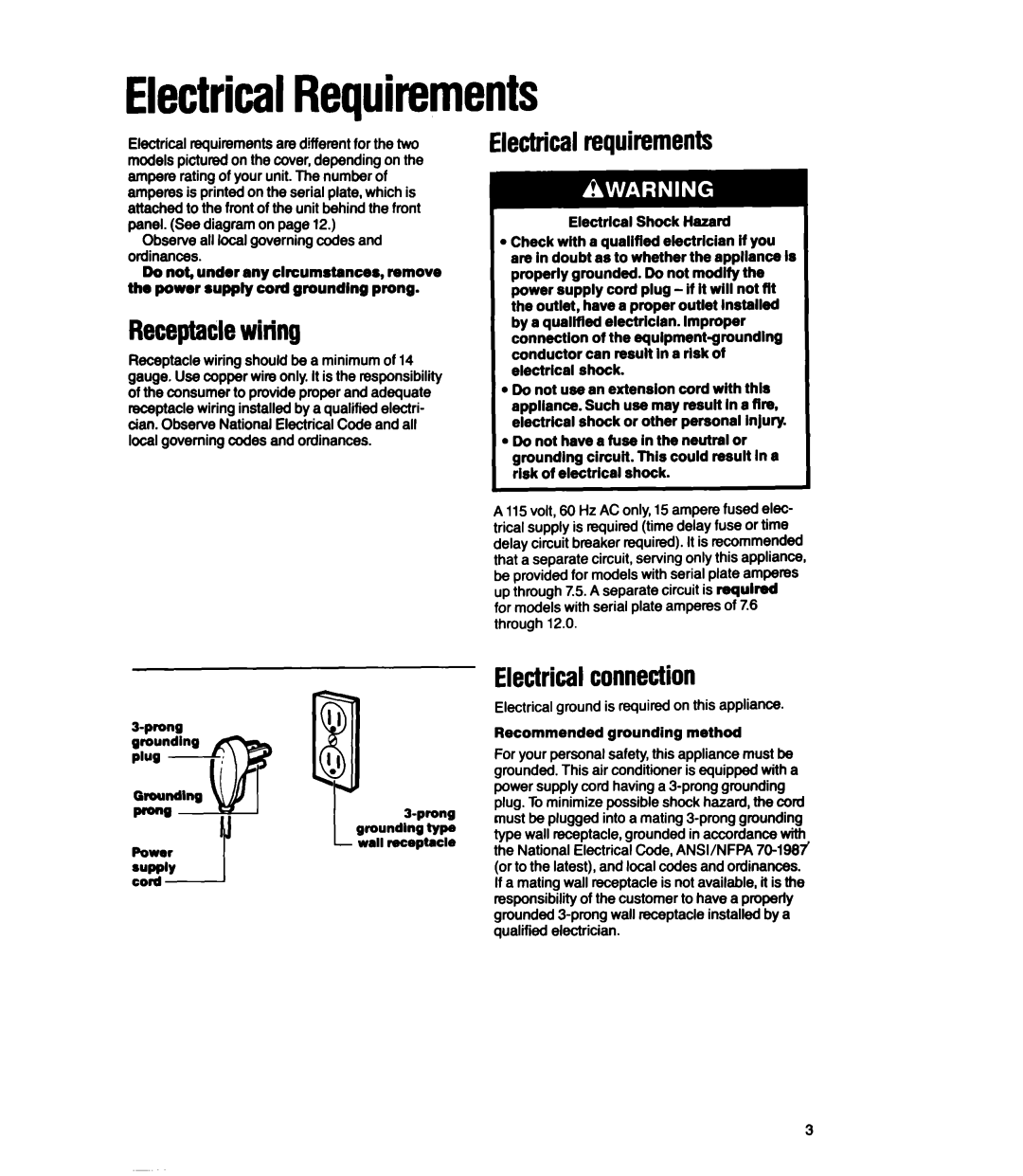 Whirlpool ACC602, ACS802, ACSLOP manual ElectricalRequirements, Receptadewiring, Electricalrequirements, Electricalconnection 