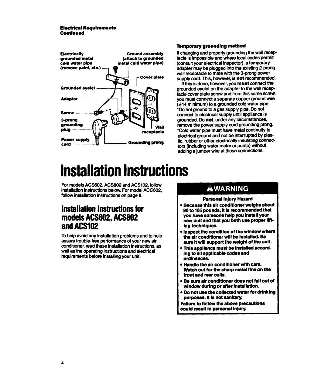 Whirlpool ACS802, ACSLOP, ACS602, ACC602 manual InstallationInstructions 
