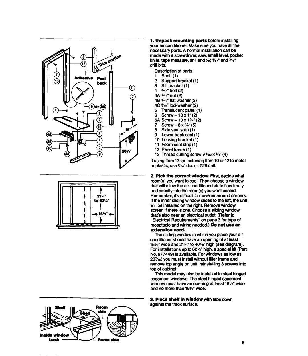 Whirlpool ACSLOP, ACS802, ACS602, ACC602 manual Description of parts 1Shelf 2Support bracket 