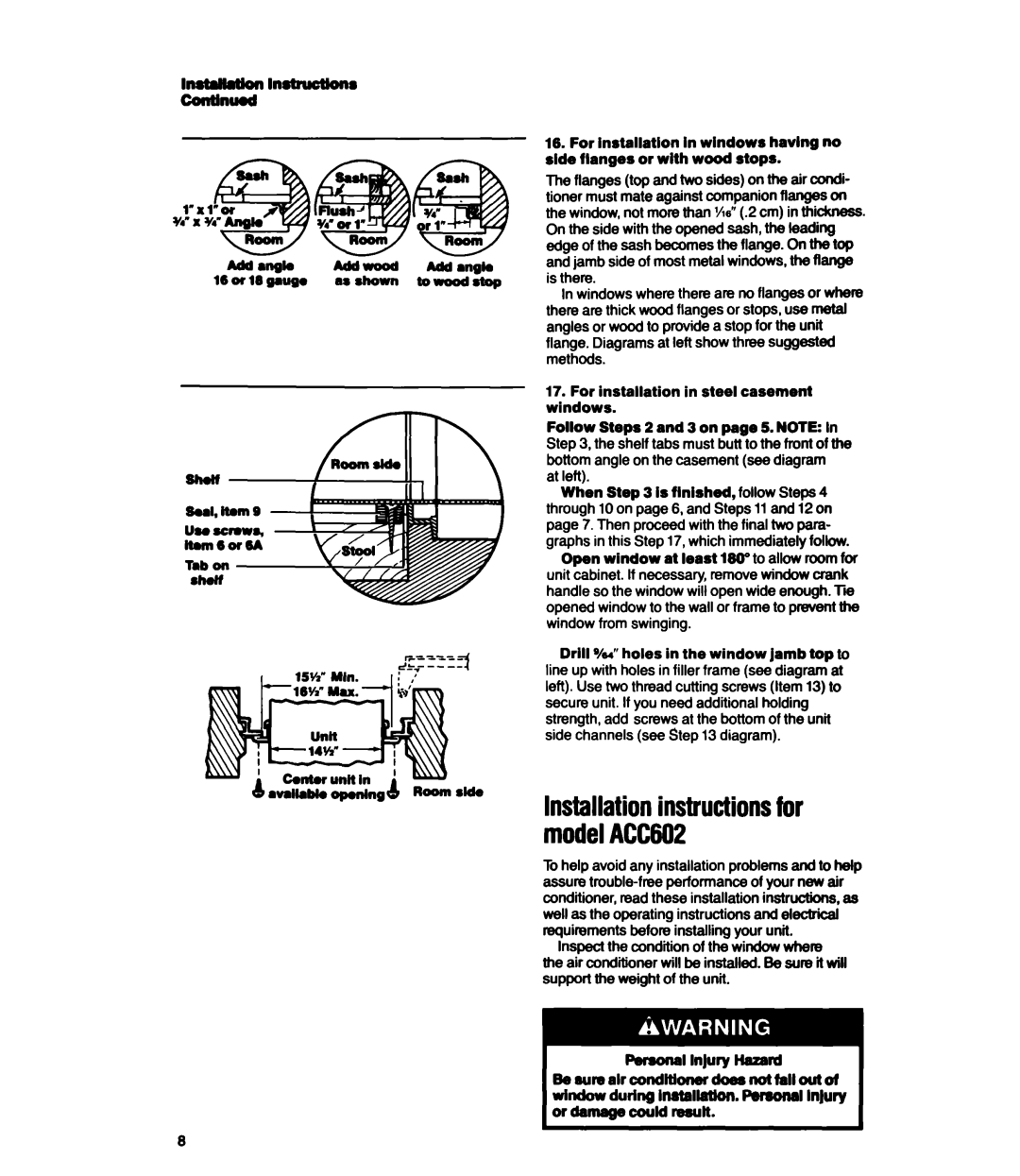 Whirlpool ACS802, ACSLOP, ACS602 manual Installationinstructionsfor modelACC602 