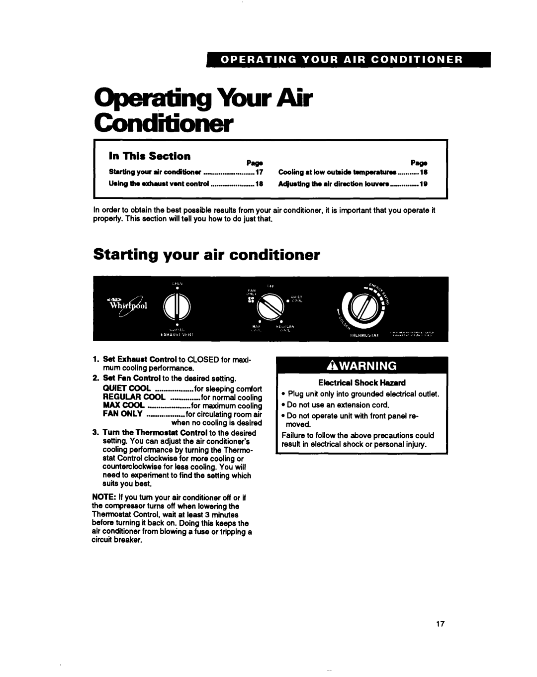 Whirlpool ACSIOZ ACS520 warranty Operating Your Air Conditioner, Starting your air conditioner, In This Section PmPW 
