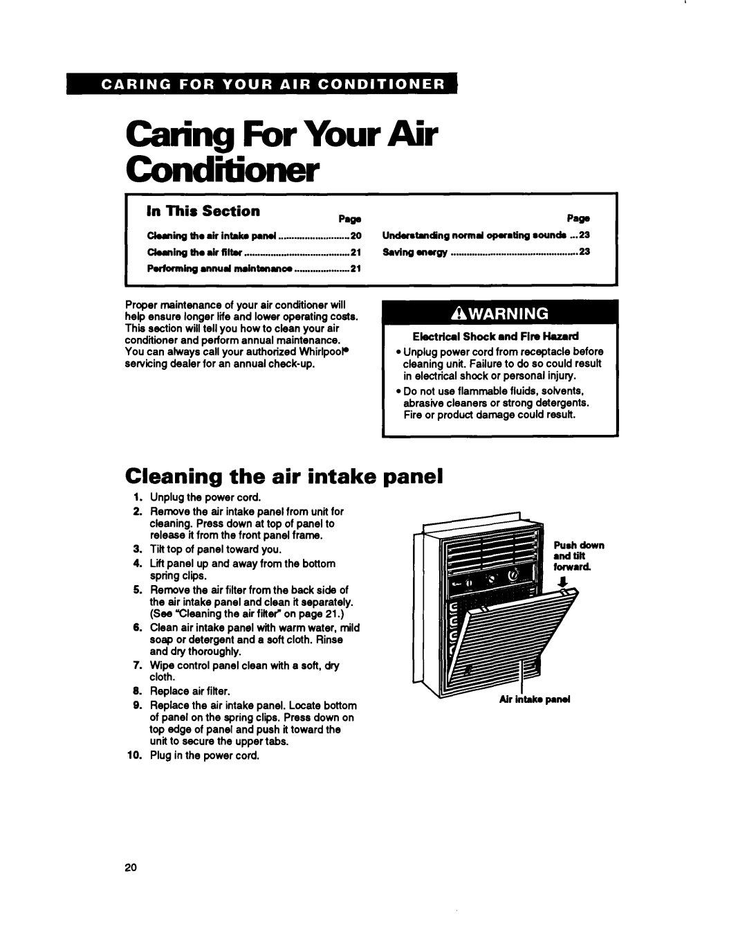 Whirlpool ACSIOZ ACS520 warranty Caring For Your, Conditioner, Cleaning the air intake panel, In This, Section 