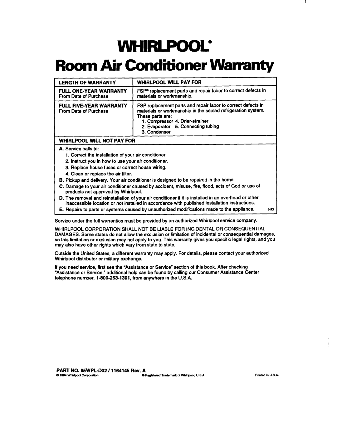 Whirlpool ACSIOZ ACS520 warranty vvHlF?LPooc, Room Air Conditioner Warranty 
