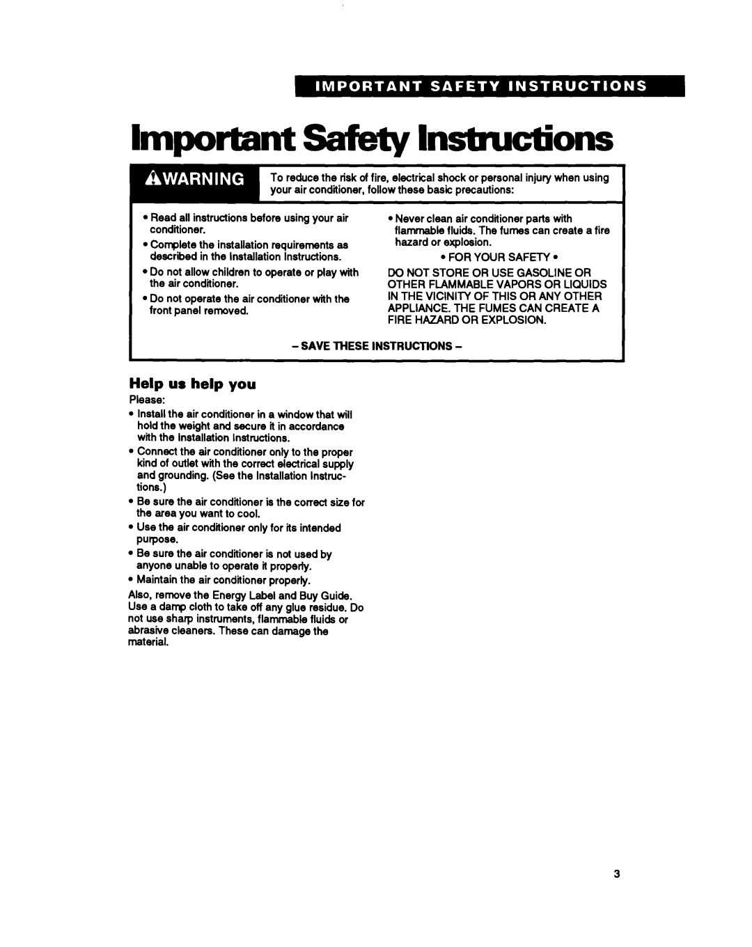Whirlpool ACSIOZ ACS520 warranty Important safety instructions, Help us help you 