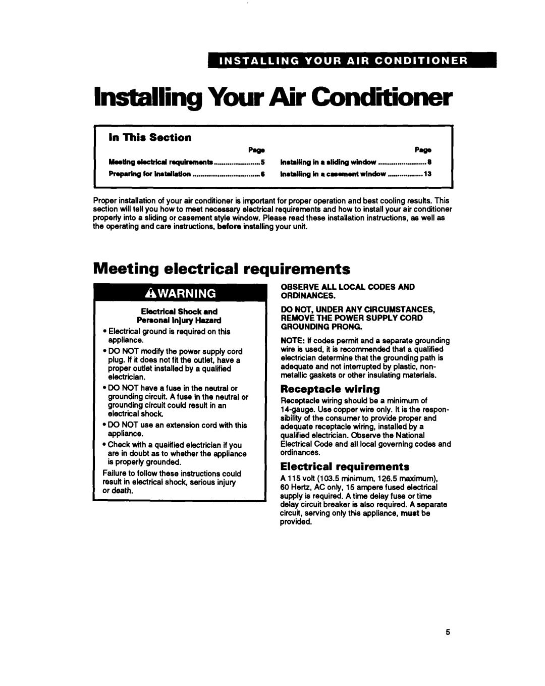 Whirlpool ACSIOZ ACS520 warranty Installing Your Air Condiiioner, Meeting electrical requirements, In This, Section 