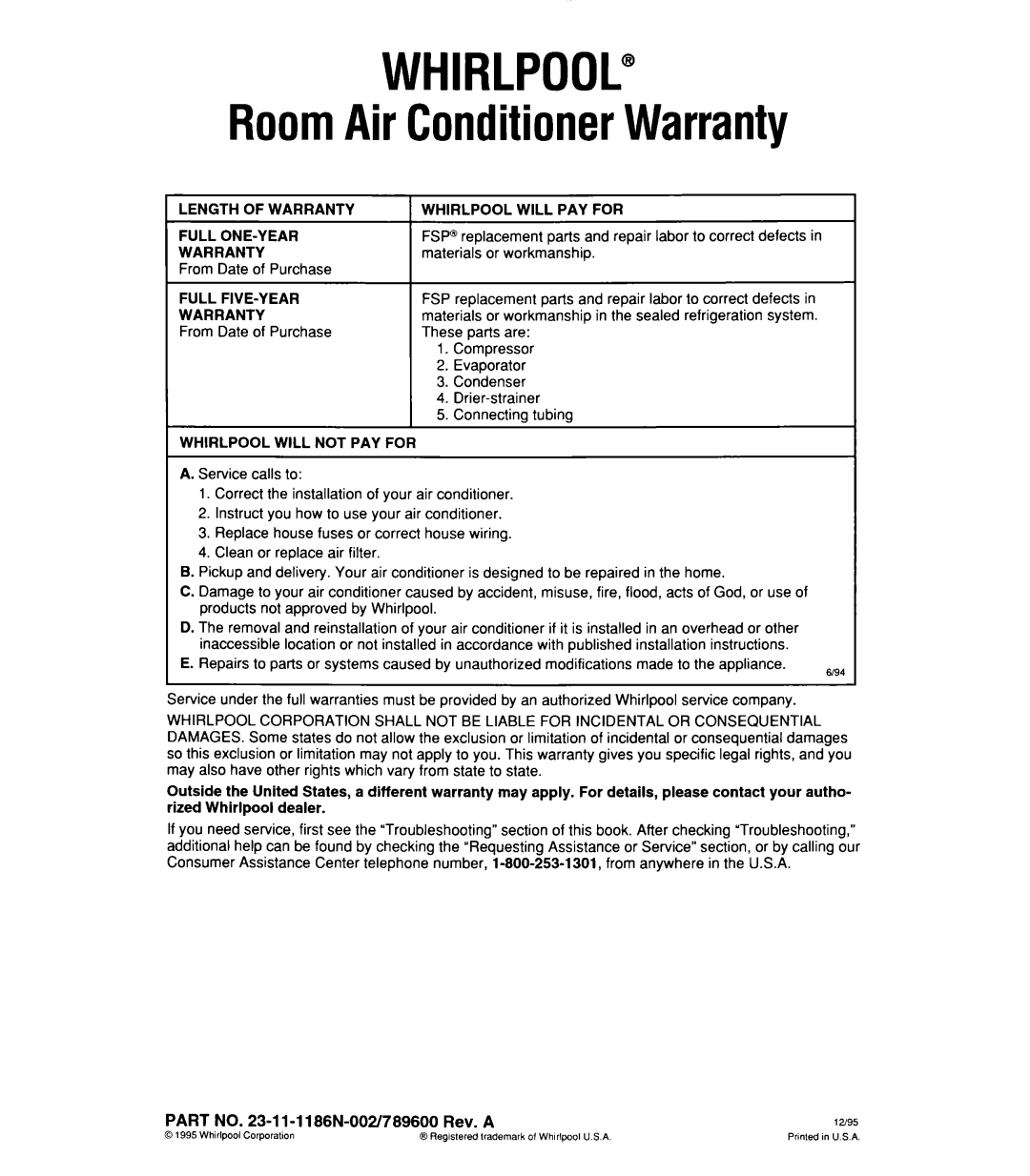 Whirlpool ACU072XE installation instructions Whirlpool 