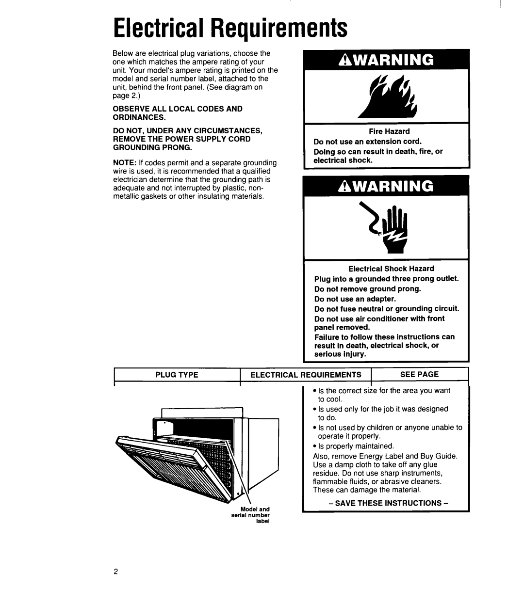 Whirlpool ACU072XE installation instructions ElectricalRequirements, Plug Type 