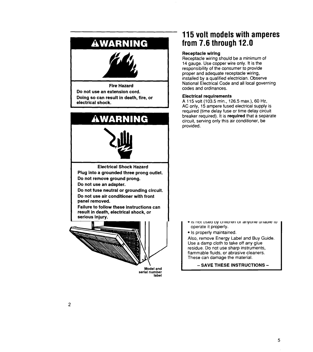 Whirlpool ACU072XE installation instructions 115volt modelswith amperes from 7.6 through12.0 