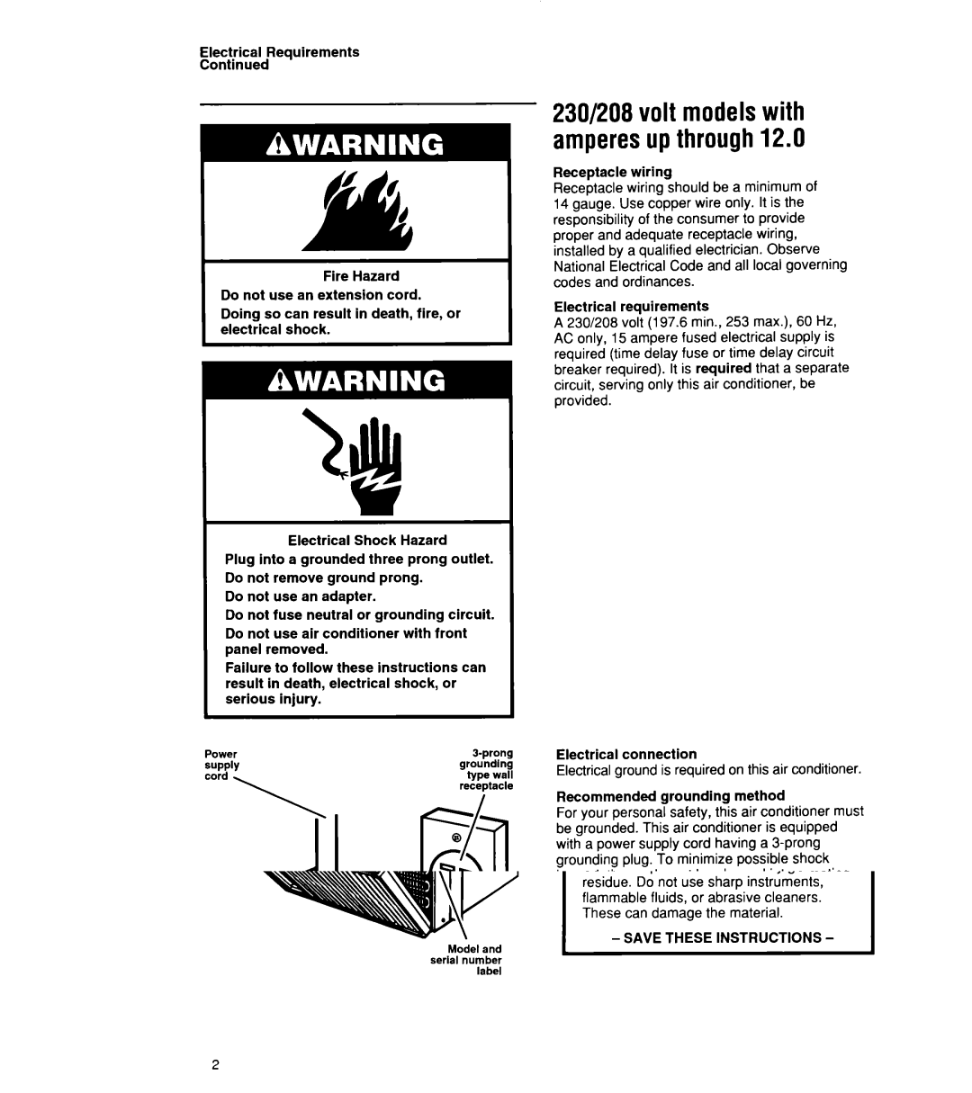 Whirlpool ACU072XE installation instructions 230/208volt modelswith amperesupthrough12.0 