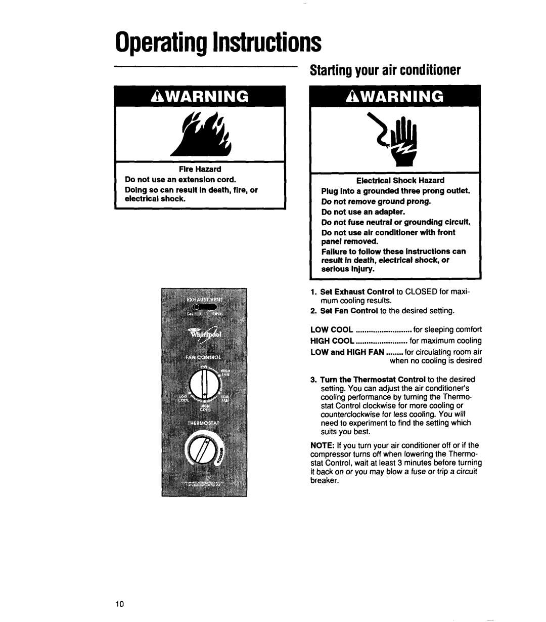 Whirlpool ACU072XE installation instructions OperatingInstructions, Startingyourair conditioner 