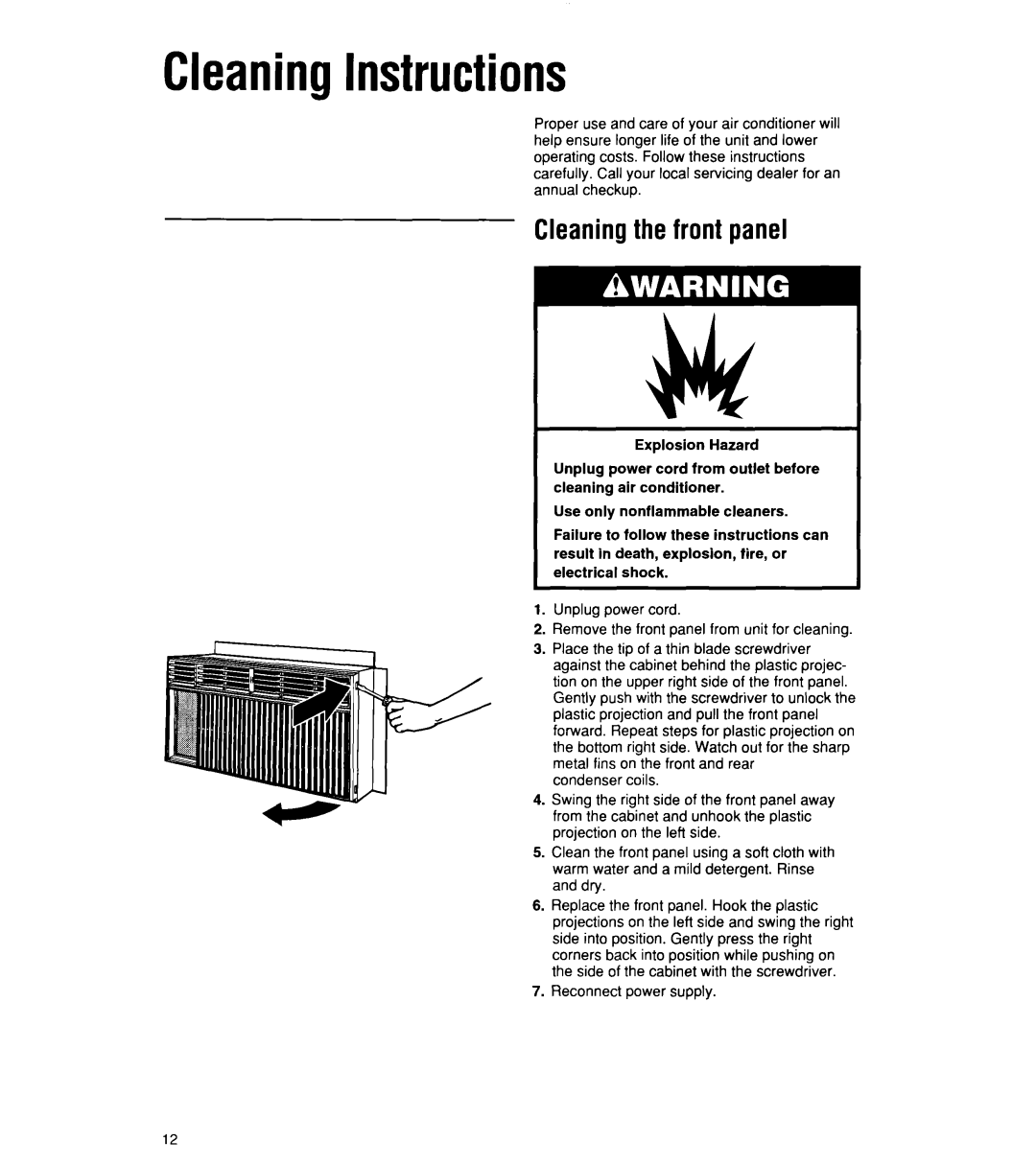 Whirlpool ACU072XE installation instructions CleaningInstructions, Cleaningthe front panel 