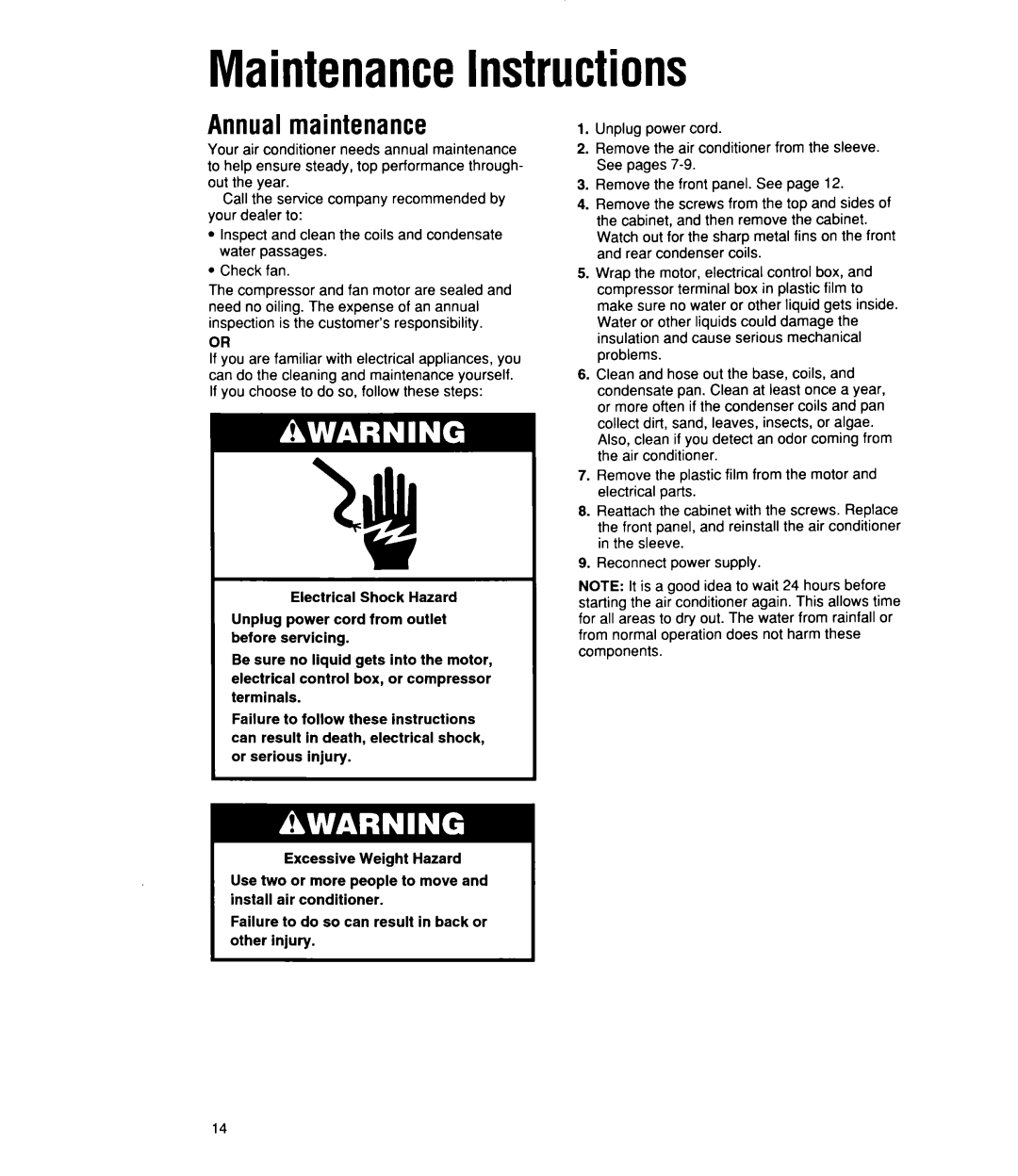 Whirlpool ACU072XE installation instructions MaintenanceInstructions, Annual maintenance 