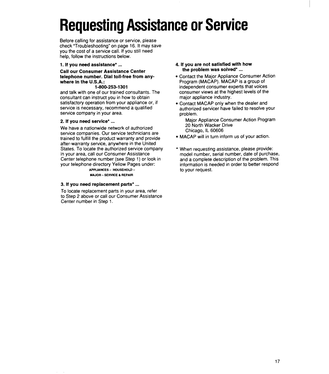 Whirlpool ACU072XE installation instructions RequestingAssistanceorService 