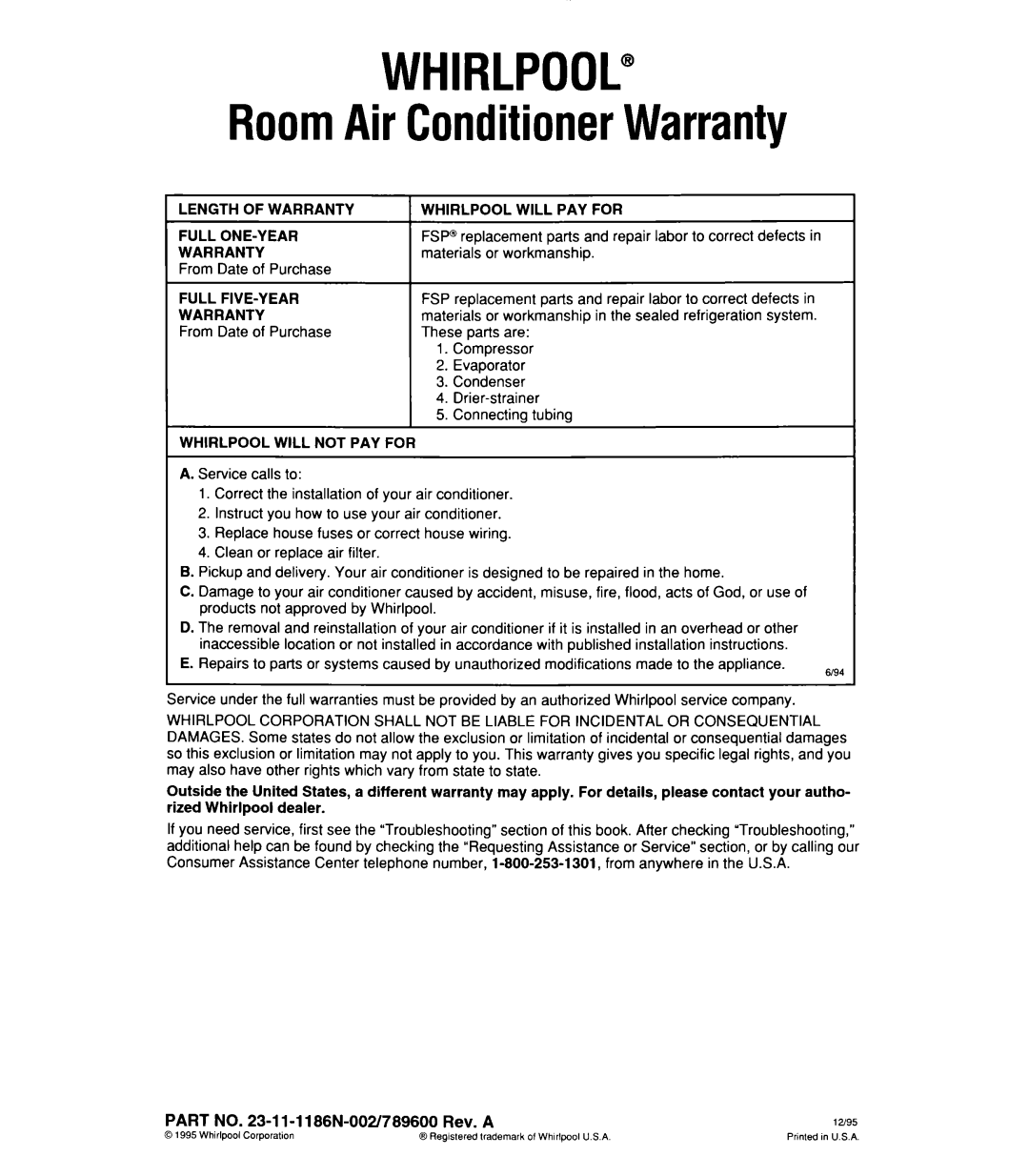 Whirlpool ACU072XE Whirlpool, PART NO. 23-1 l-l 186N-002/789600Rev. A, RoomAir ConditionerWarranty 