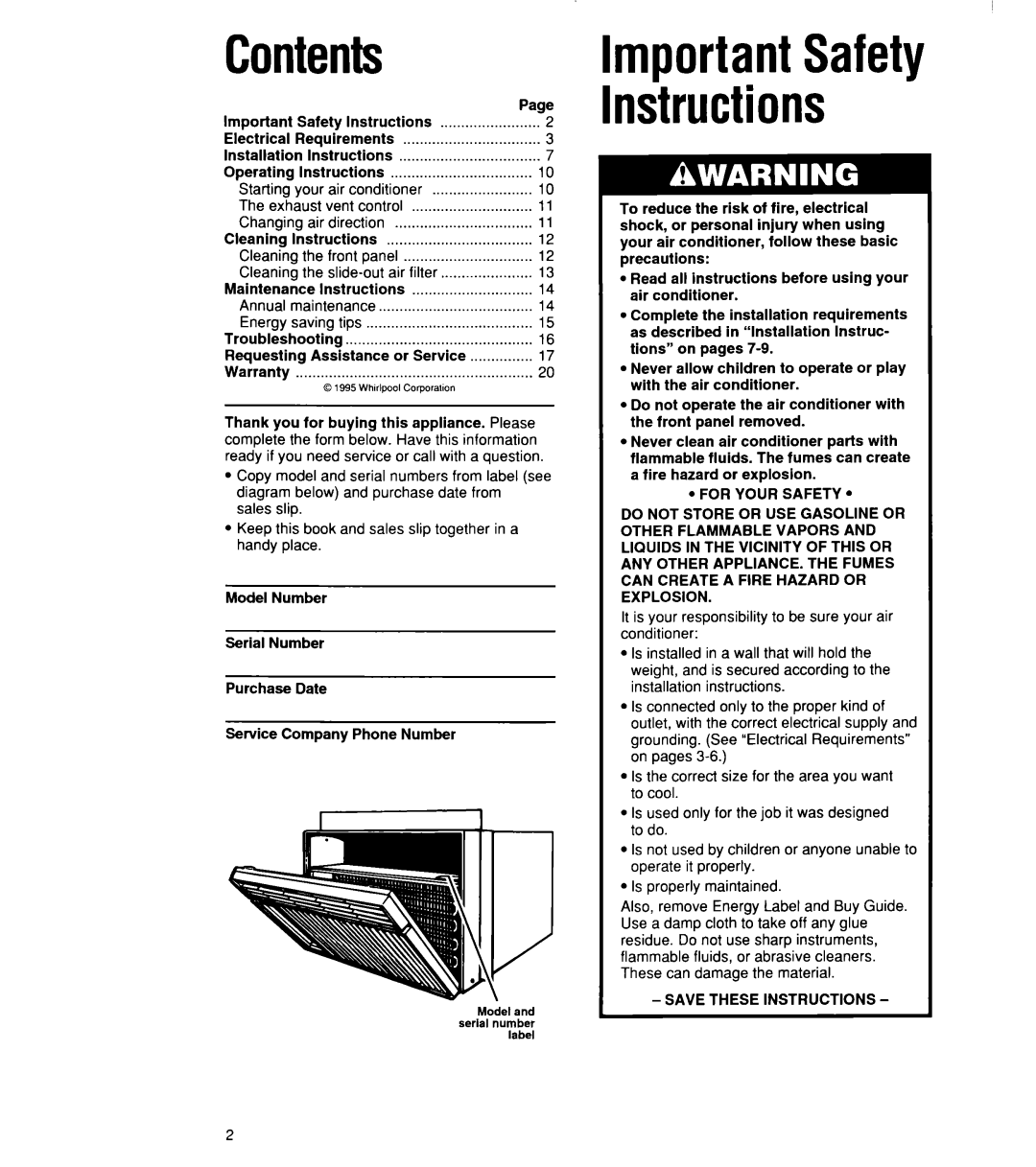 Whirlpool ACU072XE installation instructions Contents, mportantSafety nstructions 