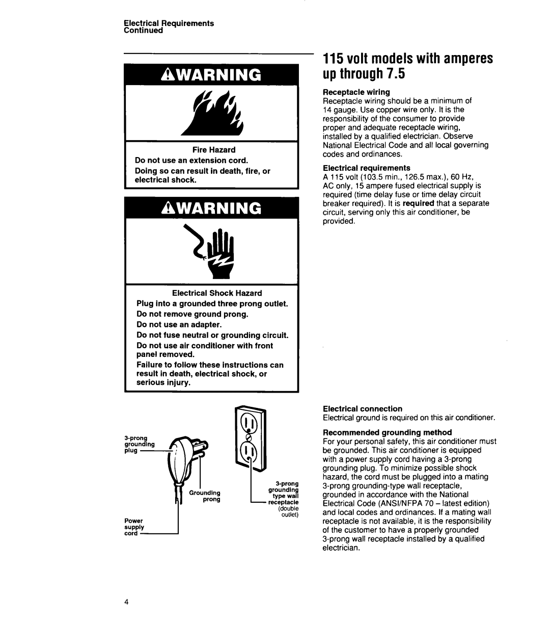 Whirlpool ACU072XE installation instructions upthrough7.5, 115volt modelswith amperes 