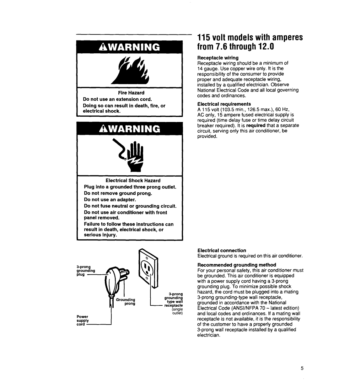 Whirlpool ACU072XE installation instructions 115volt modelswith amperes from 7.6 through12.0 