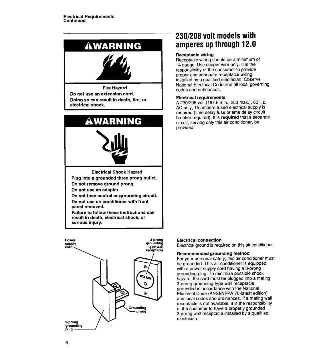 Whirlpool ACU072XE installation instructions 230/208volt modelswith amperesupthrough12.0 