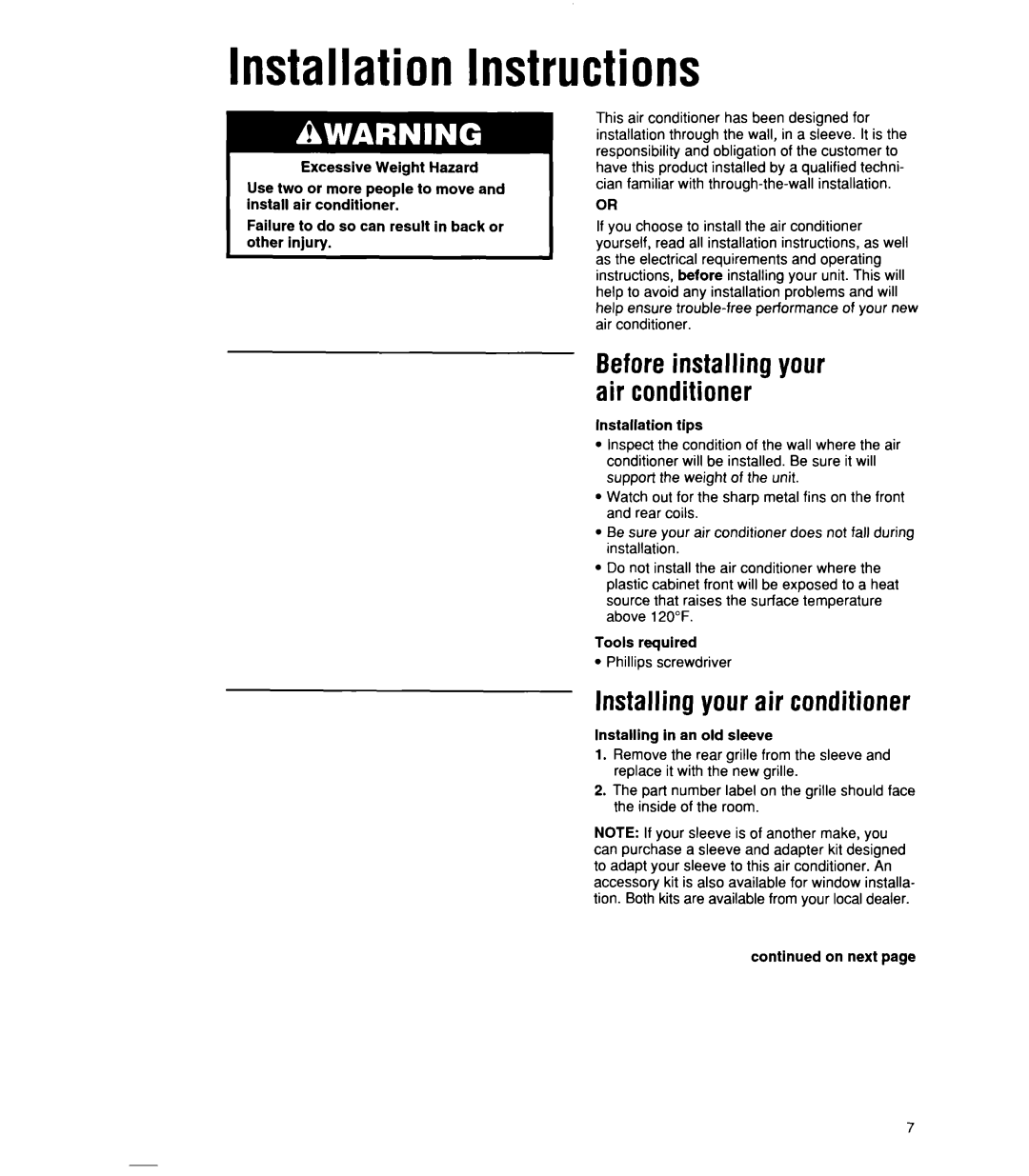 Whirlpool ACU072XE Installation Instructions, Installing your air conditioner, Beforeinstalling your air conditioner 
