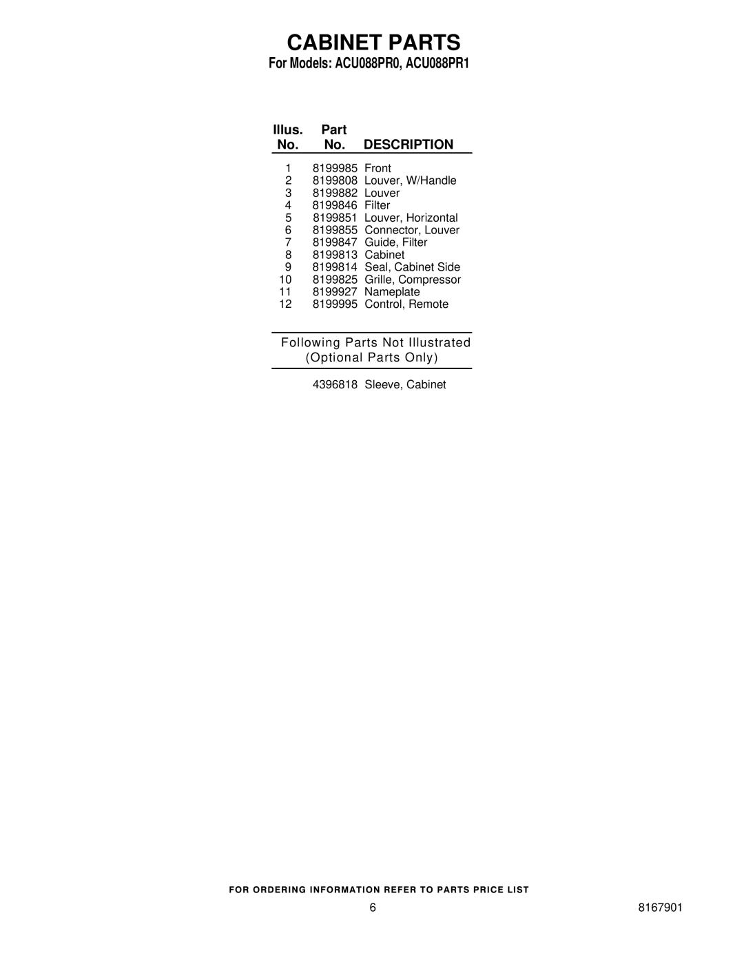 Whirlpool ACU088PR1, ACU088PR0 manual Following Parts Not Illustrated Optional Parts Only 