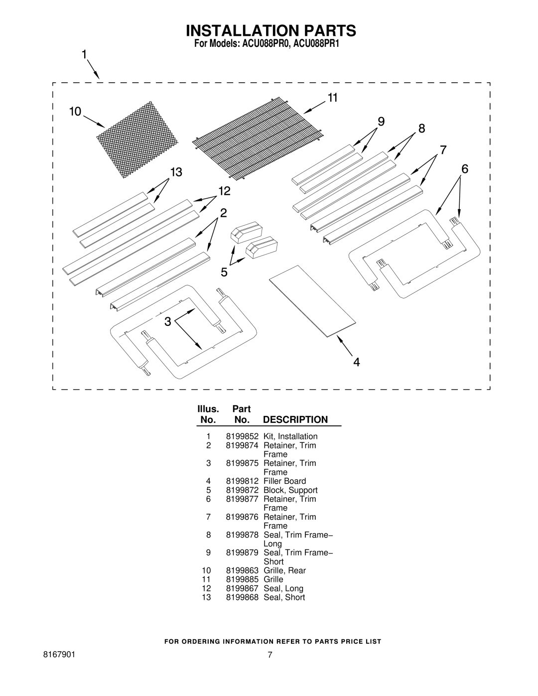 Whirlpool ACU088PR0, ACU088PR1 manual Installation Parts 