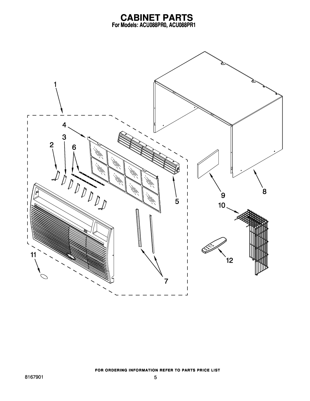 Whirlpool manual Cabinet Parts, For Models ACU088PR0, ACU088PR1 