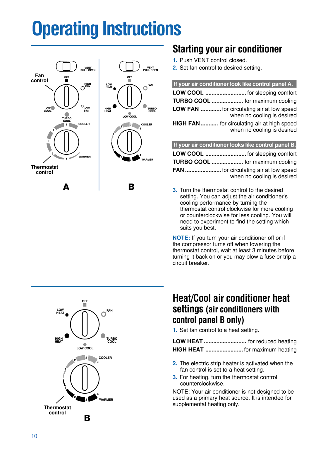 Whirlpool ACU124PK0 installation instructions Operating Instructions, Starting your air conditioner 