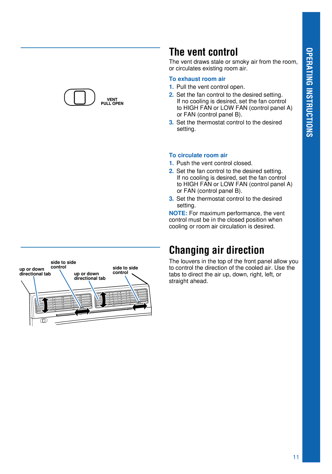 Whirlpool ACU124PK0 Vent control, Changing air direction, To exhaust room air, To circulate room air 