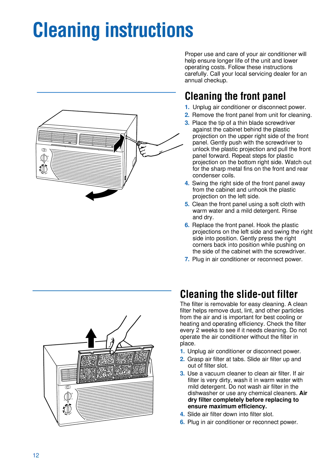 Whirlpool ACU124PK0 Cleaning instructions, Cleaning the front panel, Cleaning the slide-out filter 