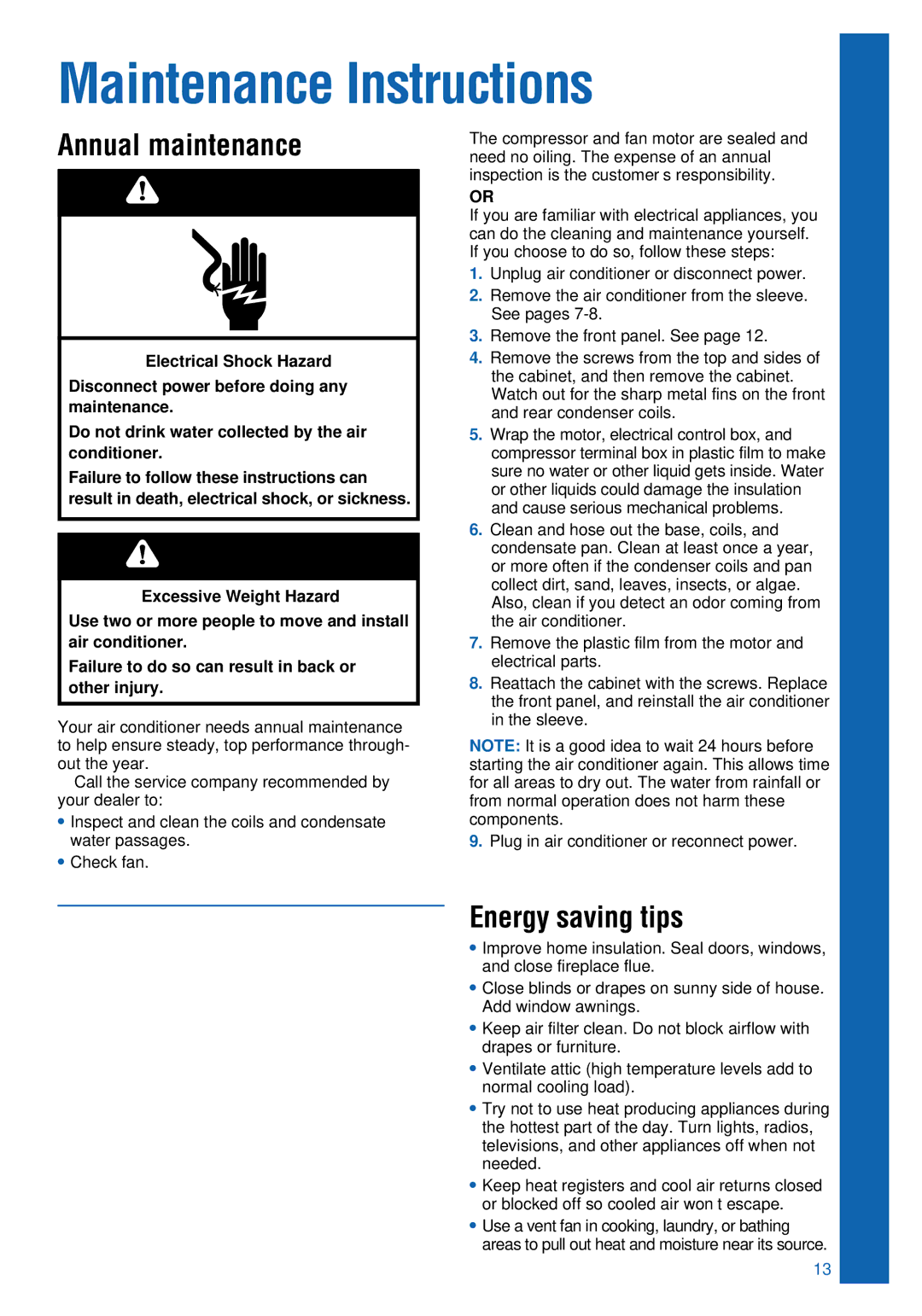 Whirlpool ACU124PK0 installation instructions Maintenance Instructions, Annual maintenance, Energy saving tips 