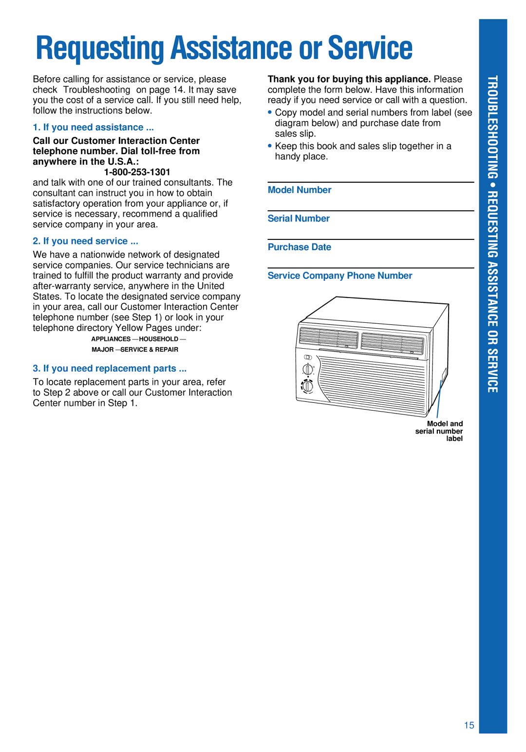 Whirlpool ACU124PK0 installation instructions If you need assistance, If you need service, If you need replacement parts 