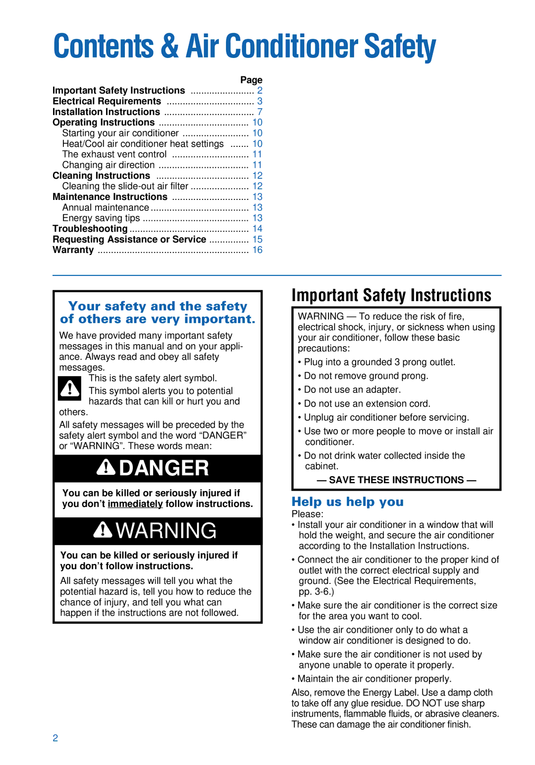 Whirlpool ACU124PK0 installation instructions Contents & Air Conditioner Safety 