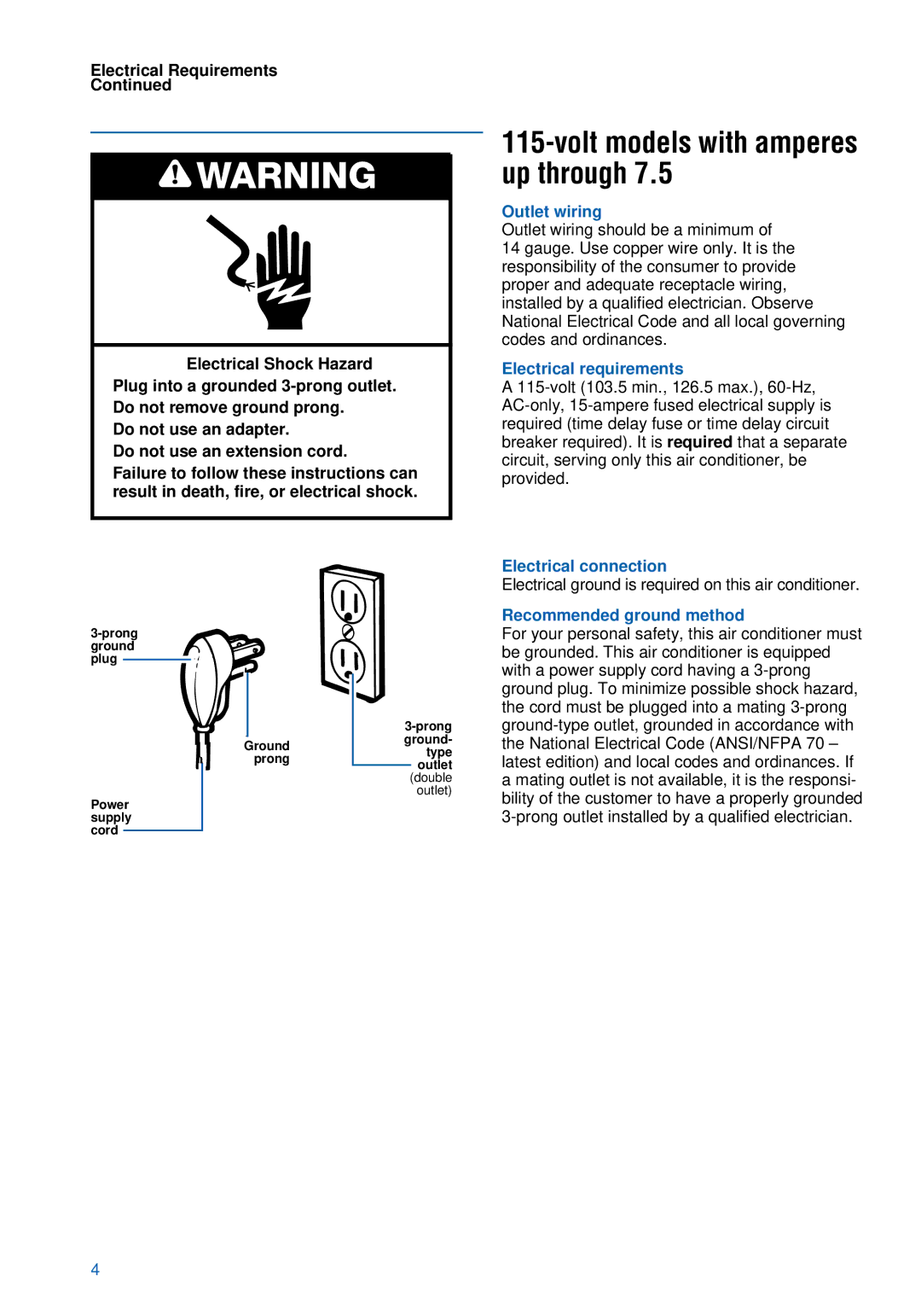 Whirlpool ACU124PK0 Volt models with amperes up through, Outlet wiring, Electrical requirements, Electrical connection 