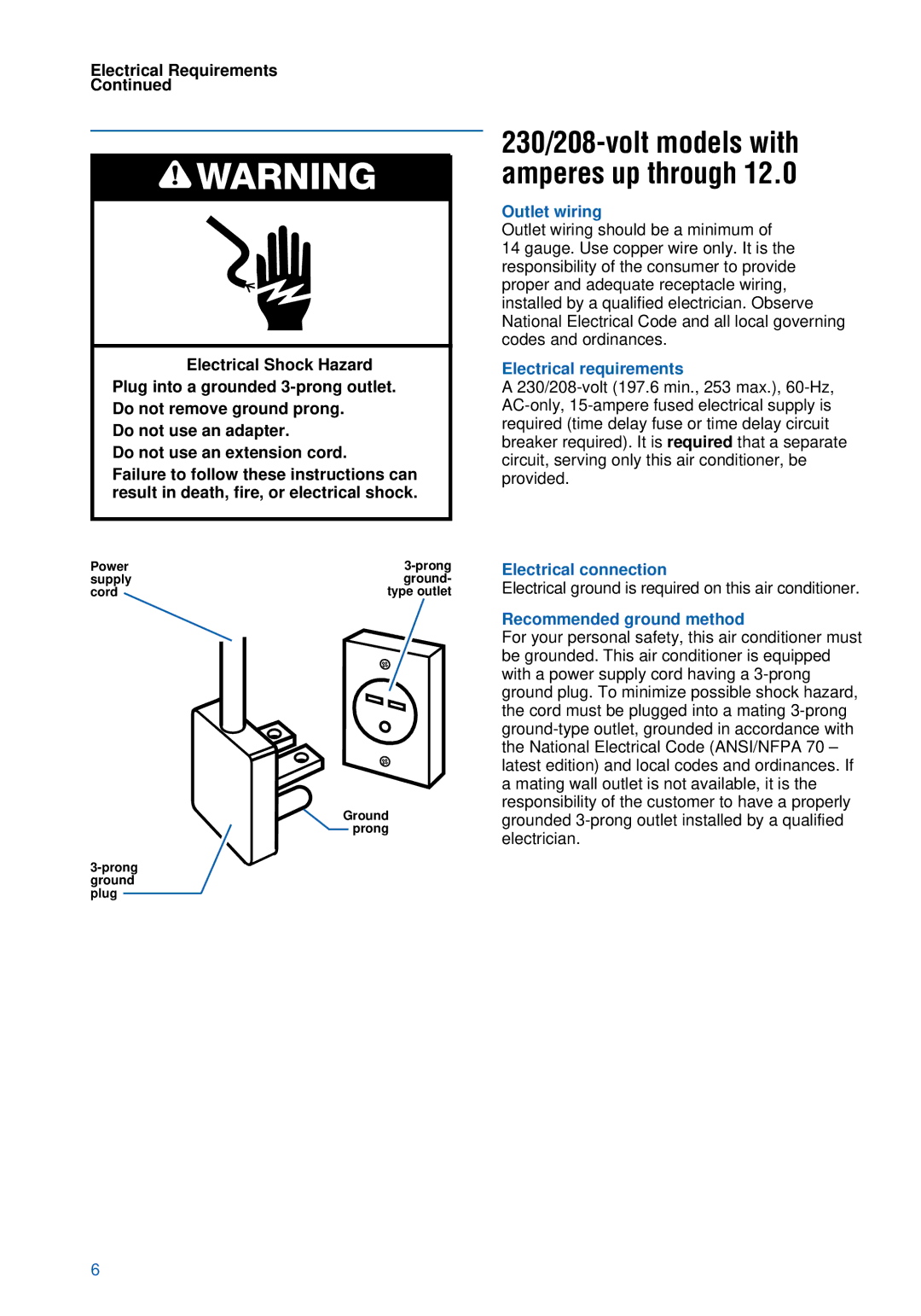 Whirlpool ACU124PK0 installation instructions 230/208-volt models with amperes up through 