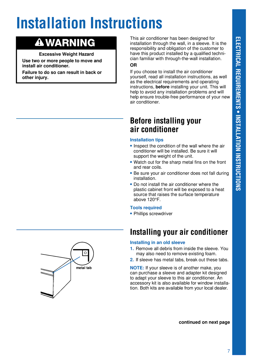 Whirlpool ACU124PK0 Installation Instructions, Installation tips, Tools required, Installing in an old sleeve 